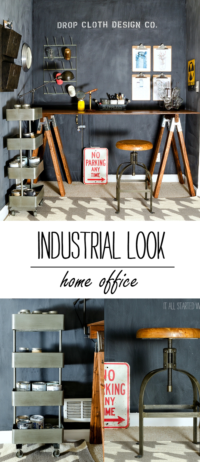 Home Office: Industrial Look With Chalkboard Wall and Sawhorse Desk