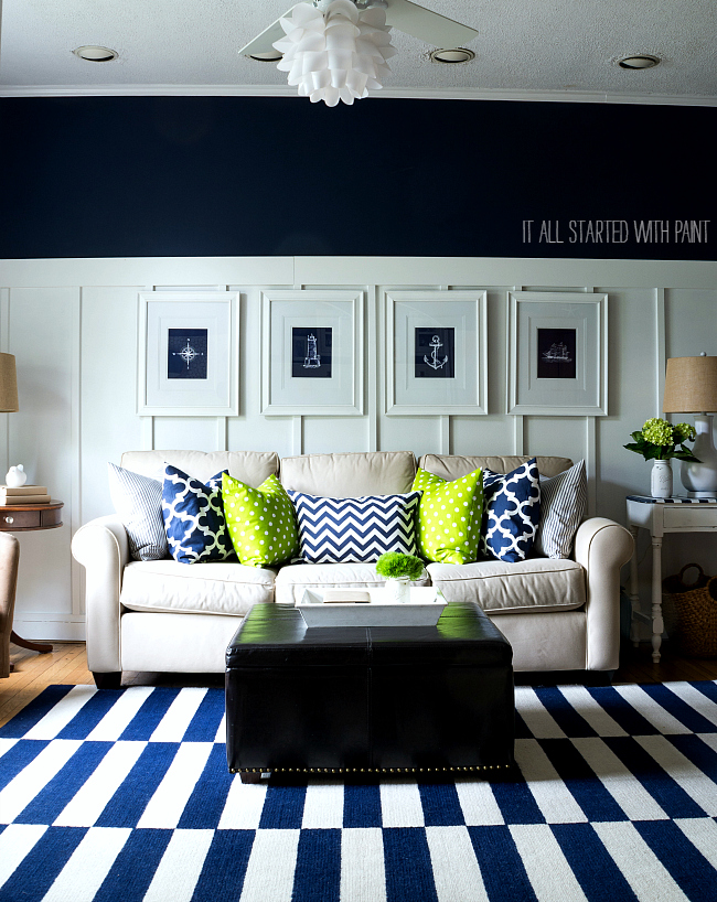 Blue And White Striped Rug, Board and Batten Walls, Navy Walls