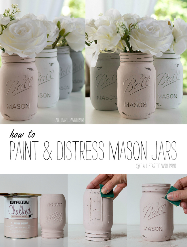 Set Of 5 New Distressed chalked Ball Mason Jars-Linen White 