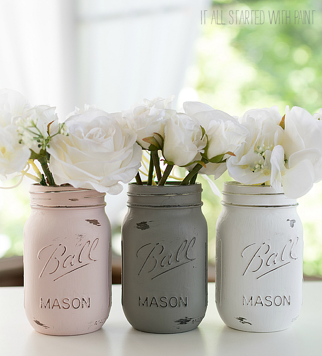How to Paint & Distress Mason Jars: Pink, Gray, White Mason Jar Set in Chalk Paint from Rustoleum