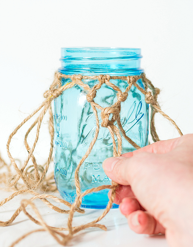 Mason Jar Crafts: Fishnet Wrapped Mason Blue Mason Jar