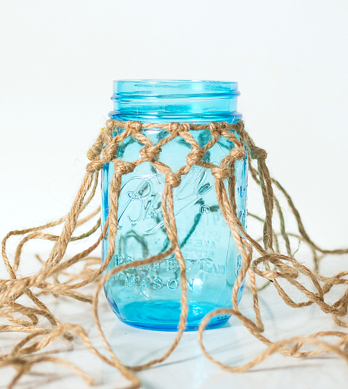 Mason Jar Crafts: Fishnet Wrapped Mason Blue Mason Jar