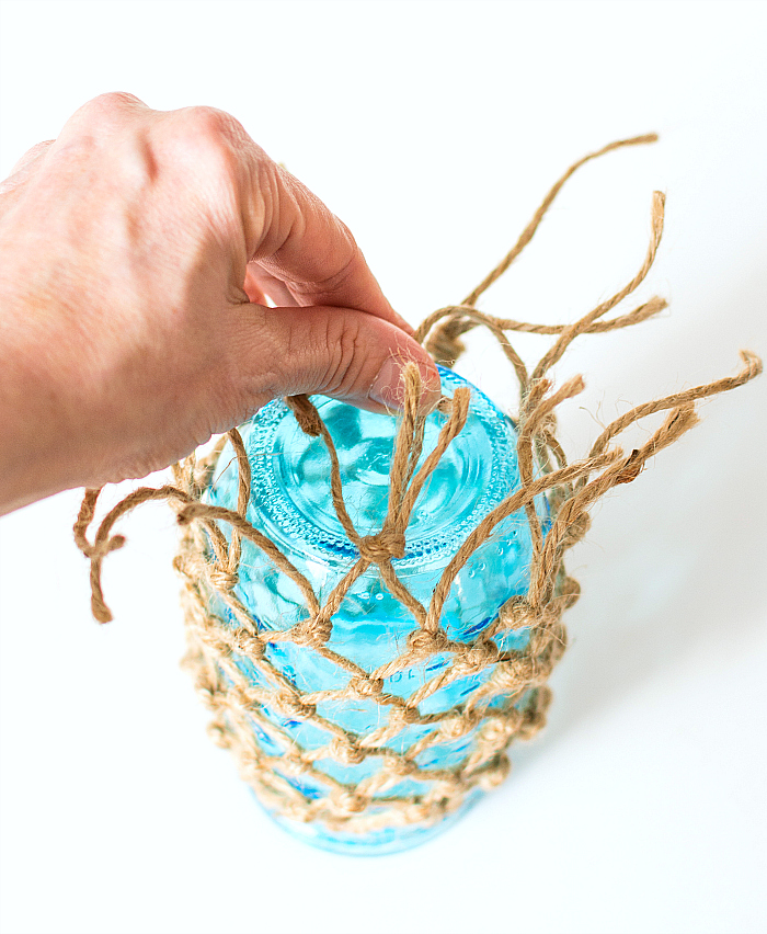 Mason Jar Crafts: Fishnet Wrapped Mason Blue Mason Jar