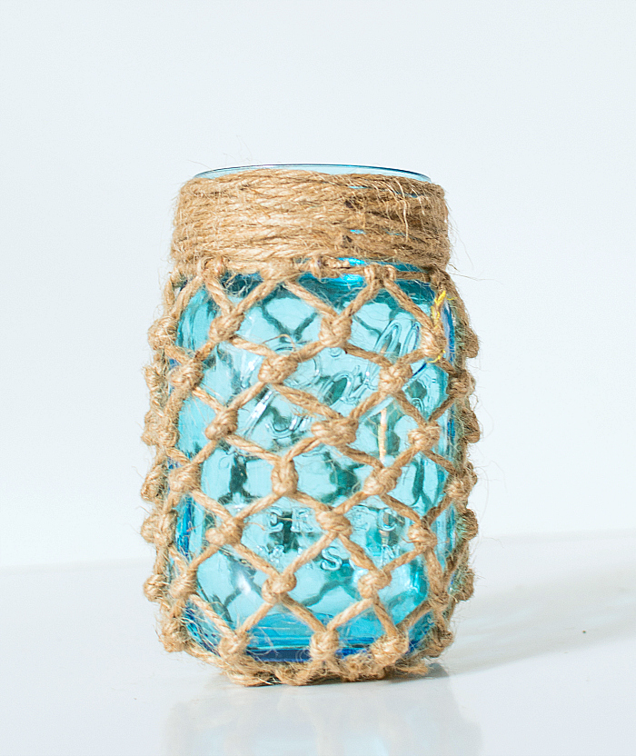 Turquoise and Jute Net Wrapped Summer Pint Mason Jars Ocean Blue 