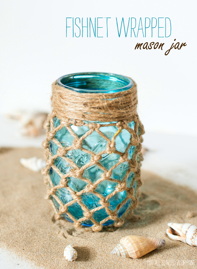 Fishnet Wrapped Mason Jar - Beach Decor Ideas
