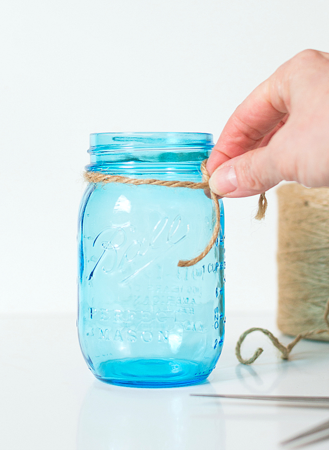 Mason Jar Crafts: Fishnet Wrapped Mason Blue Mason Jar