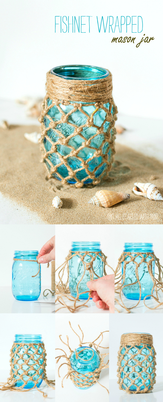 Mason Jar Crafts: Fishnet Wrapped Mason Blue Mason Jar