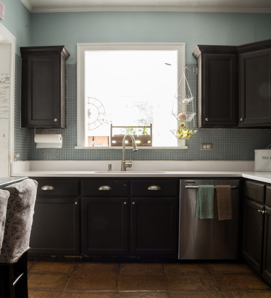 Dark Brown Kitchen with Blue glass tiles