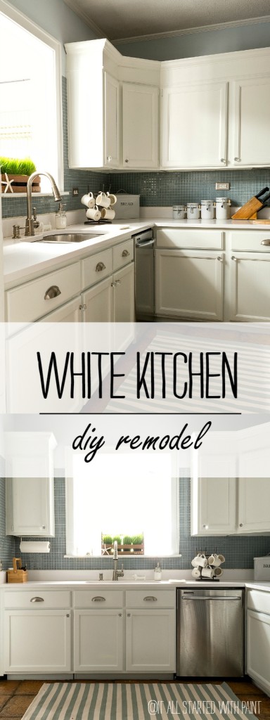 White Kitchen Cabinets, White Countertop, Blue Backsplash