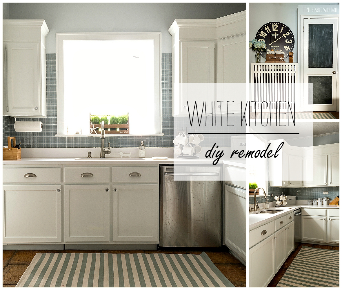 Builder Grade Kitchen Transformation With White Paint, Blue Gray Tile Back Splash, White Counter Top