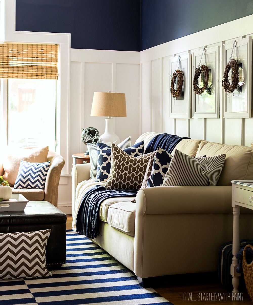 Fall Decorating Ideas Using Brown and Navy Neutrals: Board and Batten Living Room Decorated for Fall