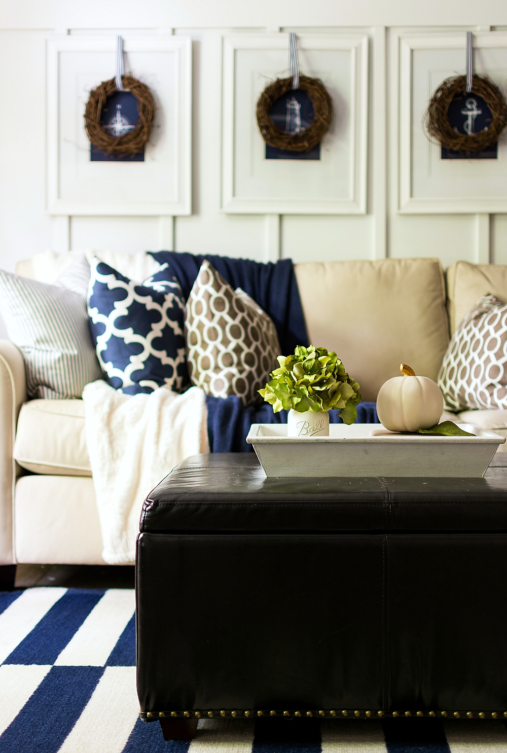 Fall Decorating Using Navy and Brown and White: Board and Batten Living Room Decorated for Fall
