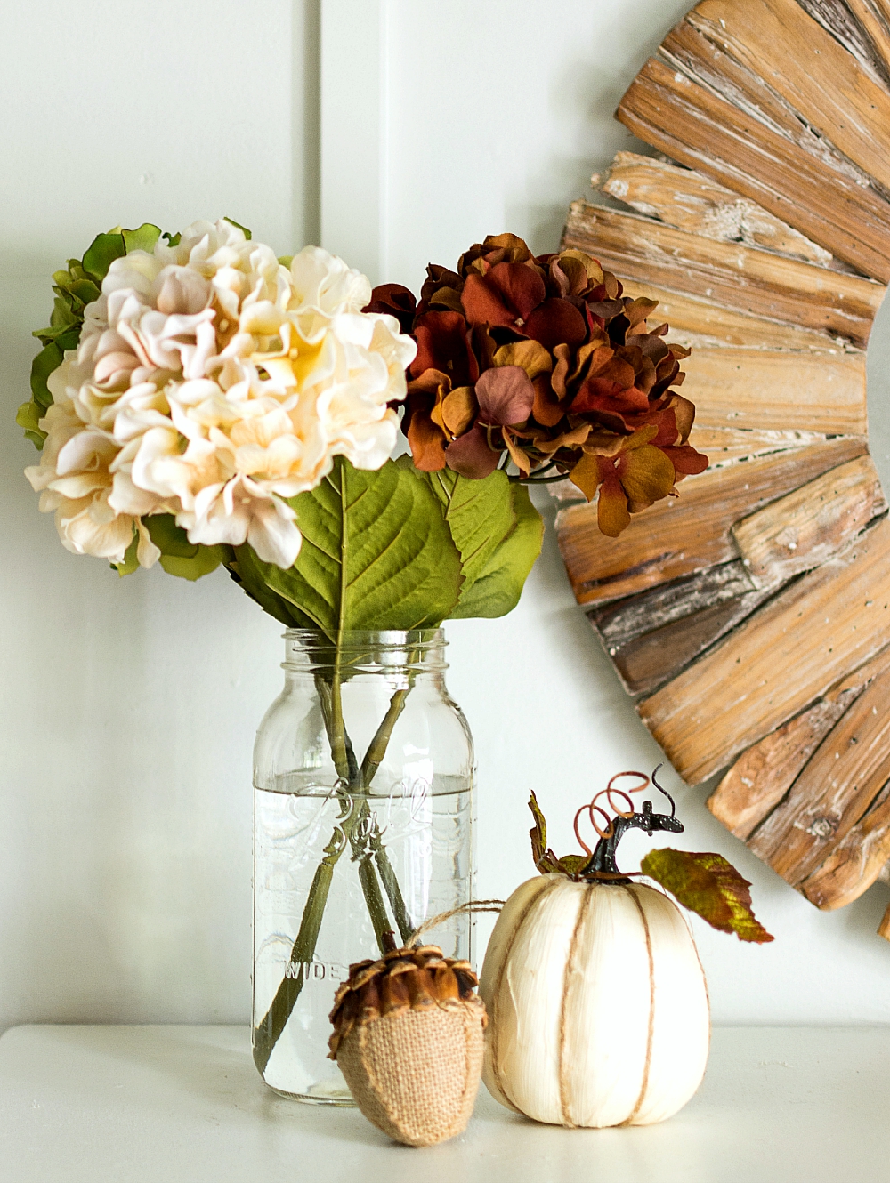 Fall Decorating Ideas: Hydrangeas and Pumpkins in Mason Jar Vase