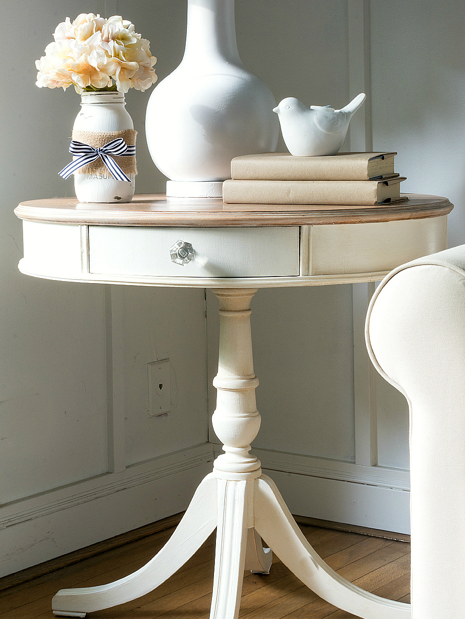 Drum Table Makeover Painted White With Chalk Like Paint from Amy Howard One Step Paint Line
