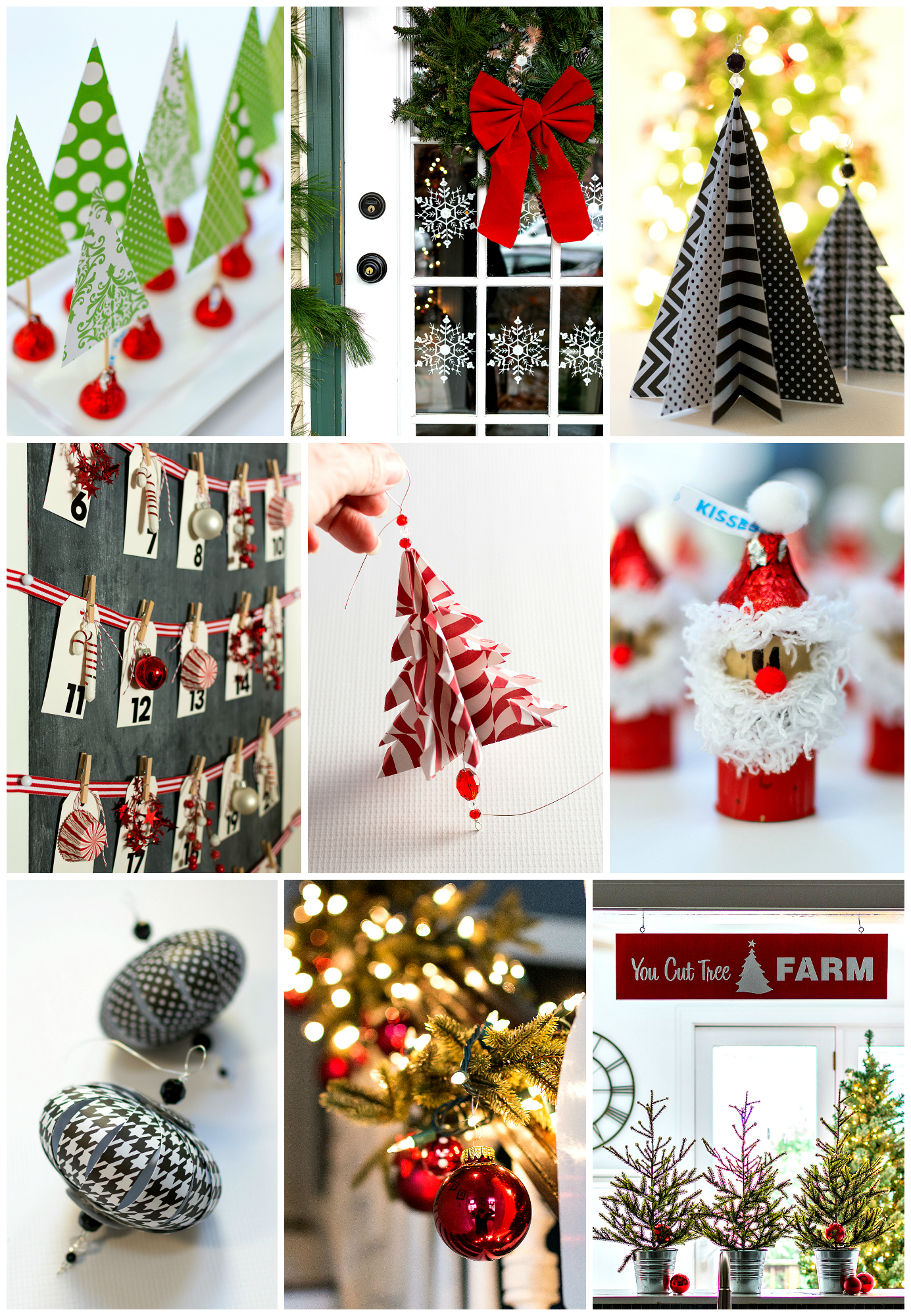 Christmas Craft & Decorating Ideas - DIY Christmas Craft Ideas including paper Christmas trees; Front door decor; Christmas countdown calendar; Hershey Kisses Christmas craft ideas; Paper ornaments; and decorating staircases with garland and ornaments and twinkle lights