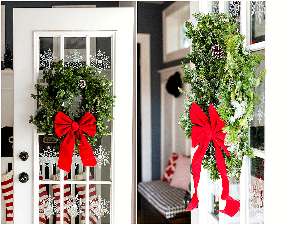 Front Door Decorated for Christmas With Snowflakes and Wreath