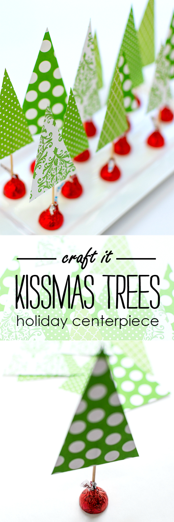 Christmas Crafts with Kids and Kisses. Easy kids crafts for Christmas. Easy paper tree centerpiece. Tutorial on how to make a Christmas tree centerpiece with Scrapbook Paper and Hershey Kisses. Holiday Craft Ideas