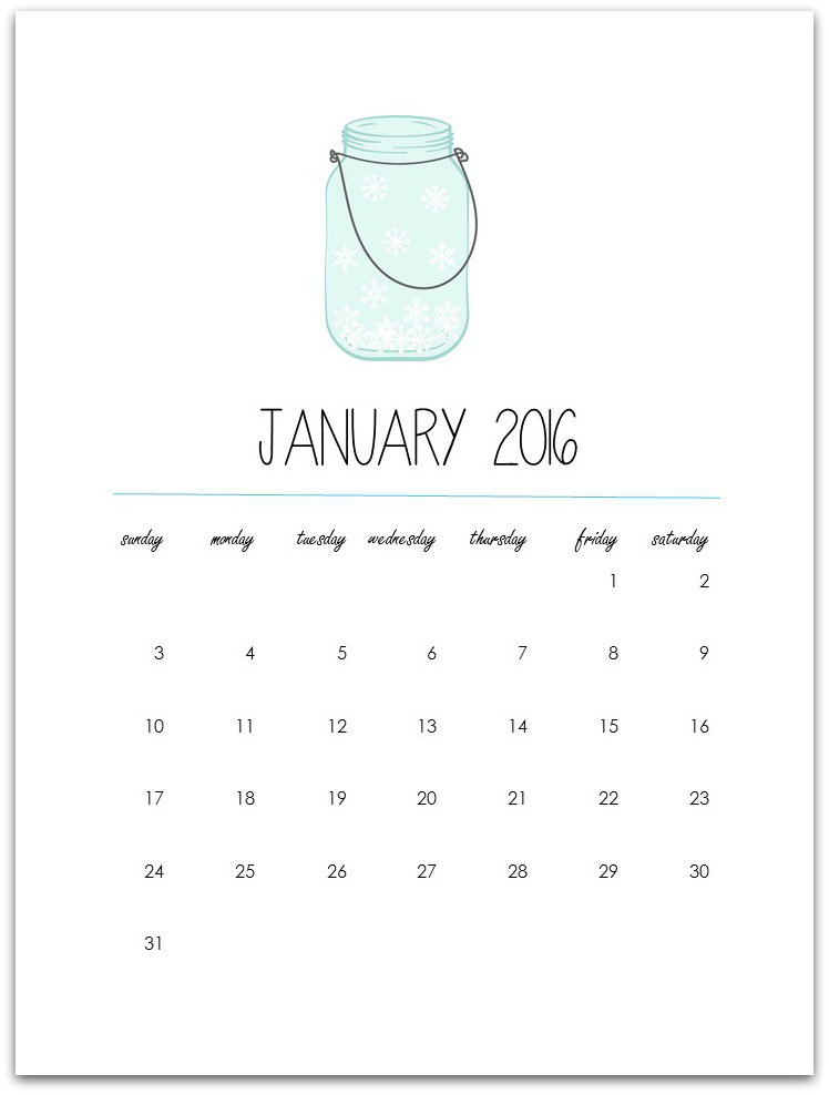 free printable calendar page 2016 mason jar calendar page january