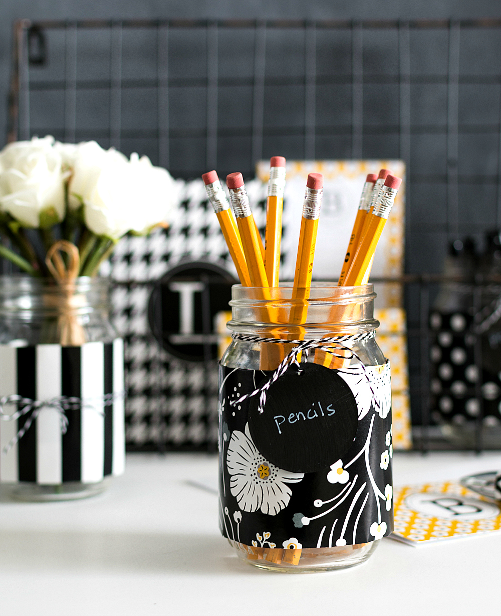 Desk Storage and Organization Ideas with Paper Wrapped Mason Jars