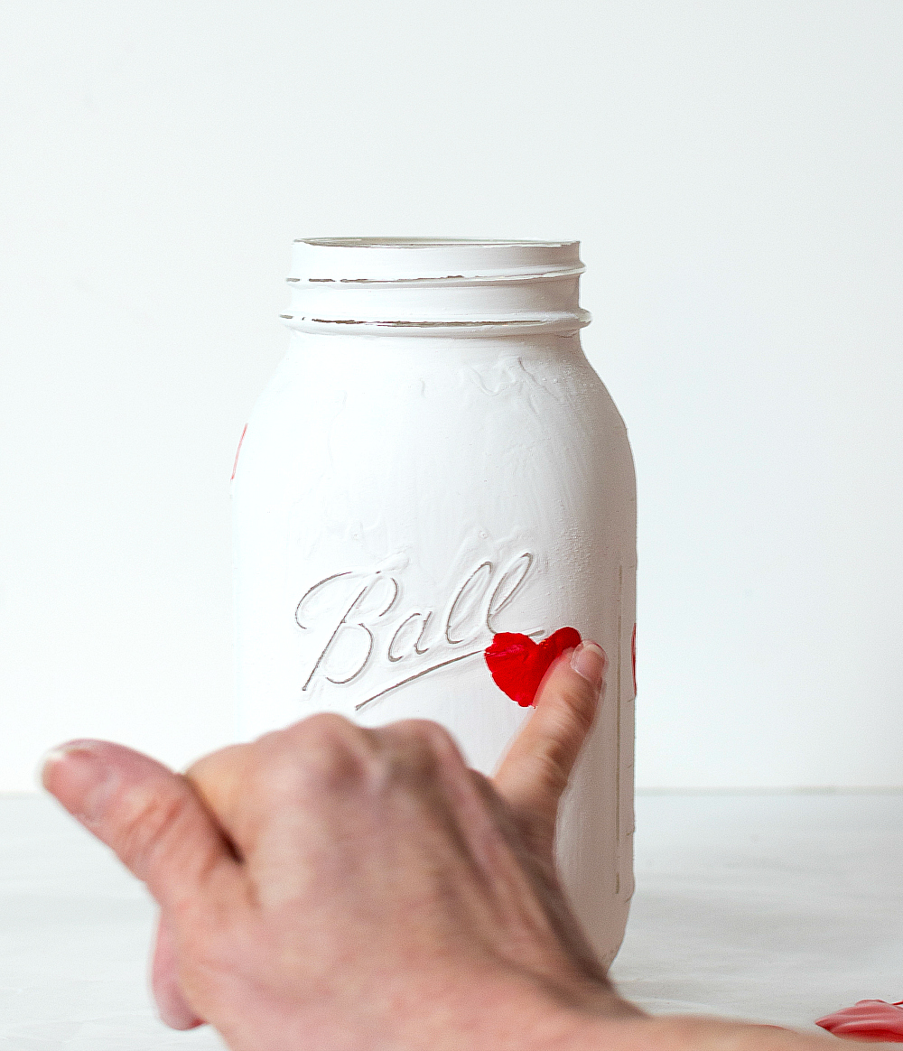 Thumbprint Hearts with Paint on Mason Jars