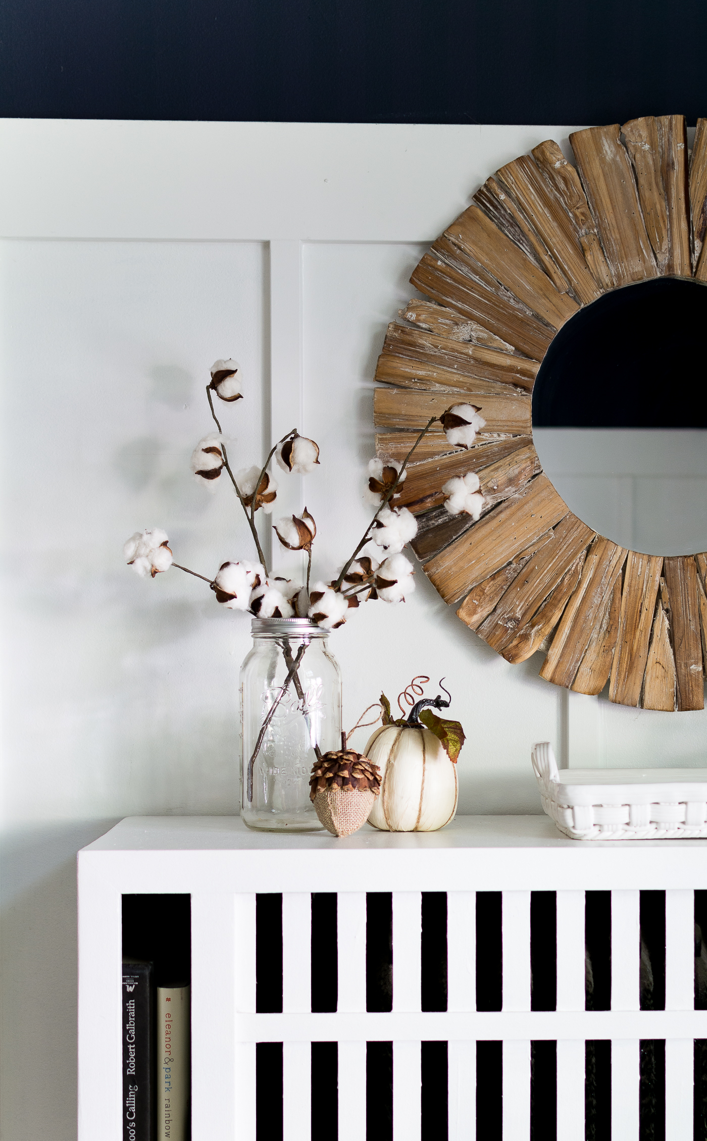 Simple Fall Mantel with Cotton Stems