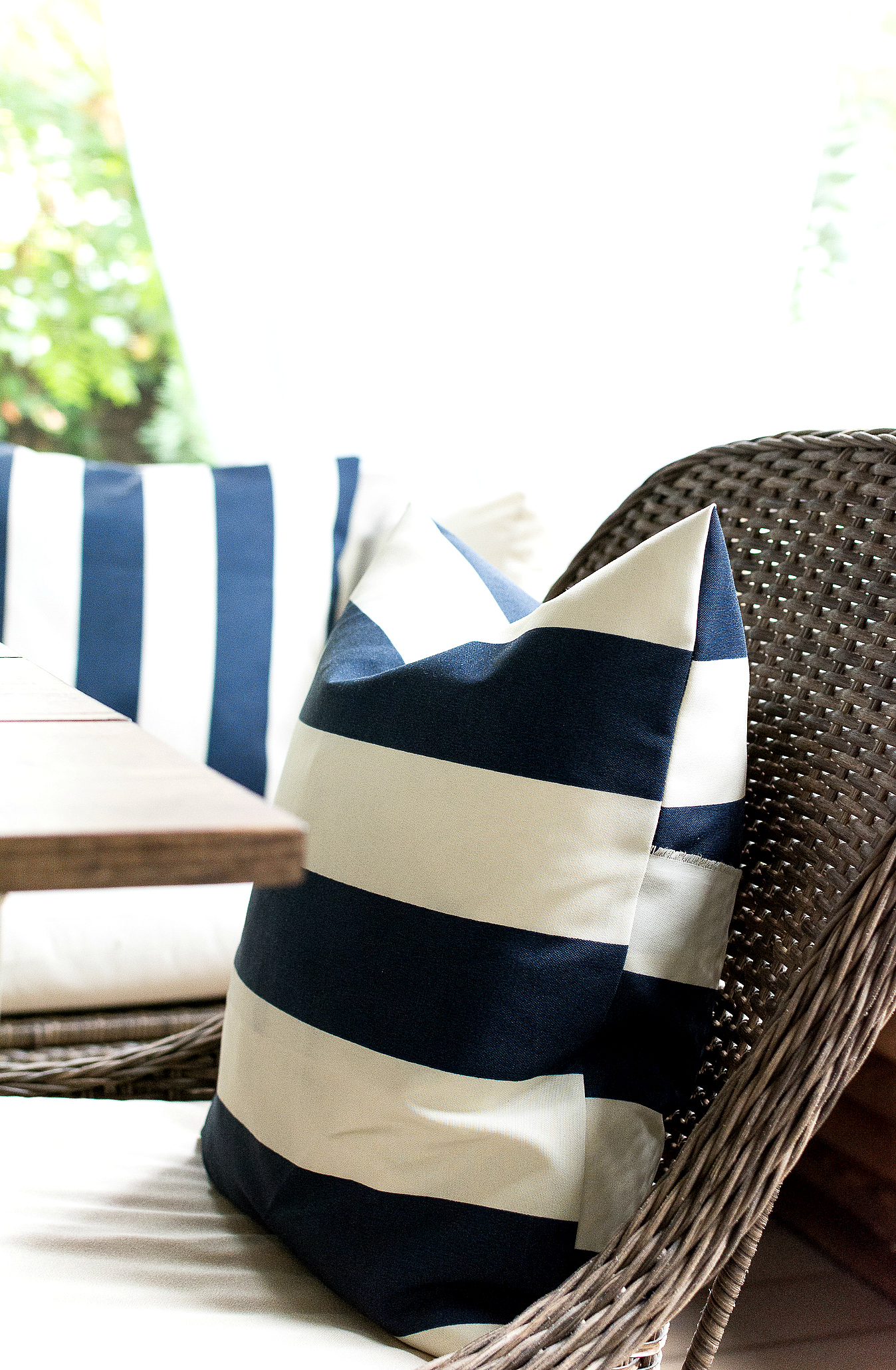 navy white striped outdoor pillow