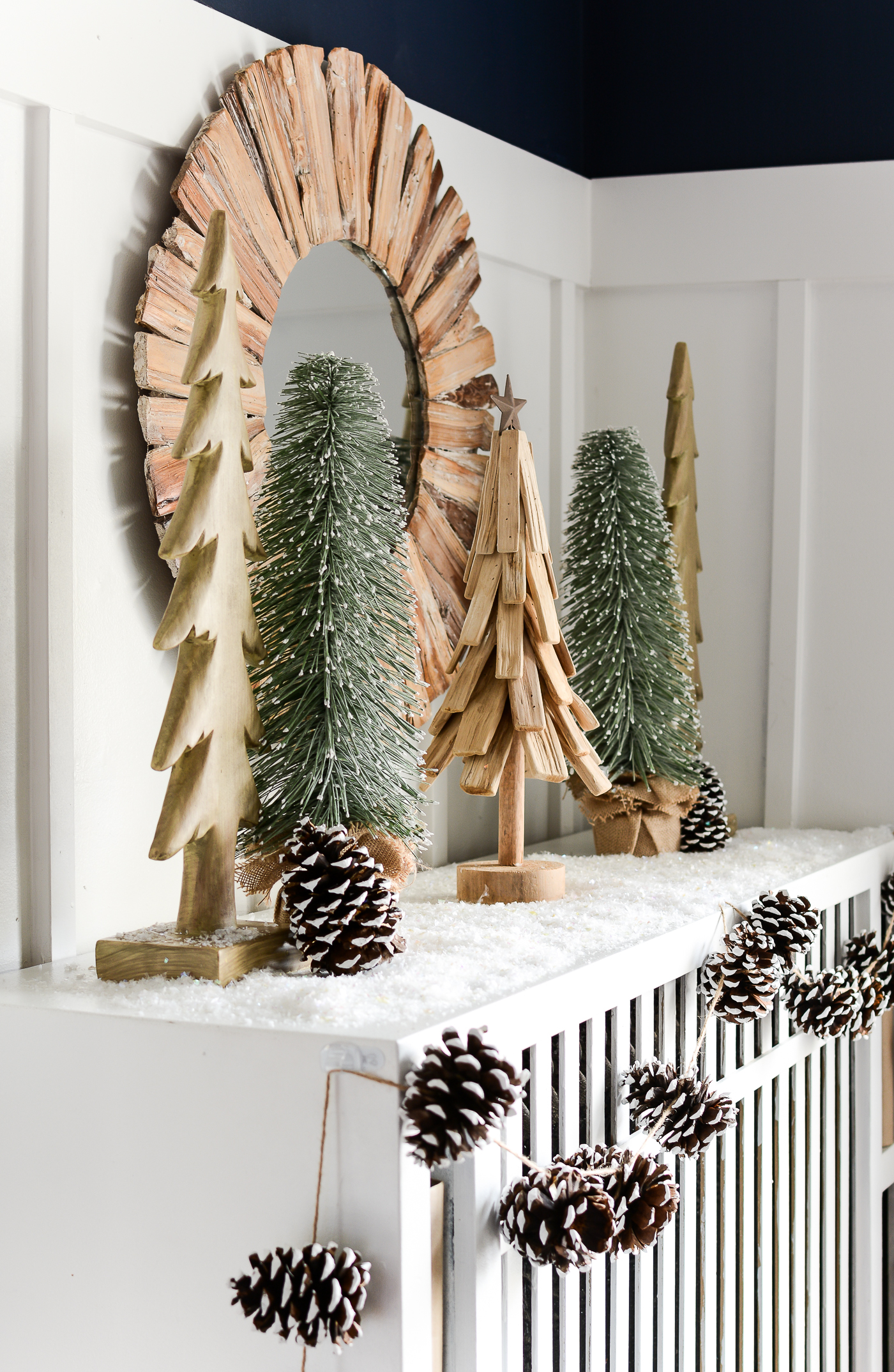 christmas-mantel-christmas-trees-painted-pine-cones-7