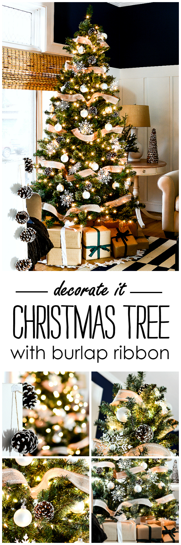 Christmas Tree with Burlap Ribbon and Pine Cones. Natural, Rustic Christmas Tree Idea. White oranments, painted snowy pine cones, snowflakes and burlap ribbon Christmas tree.