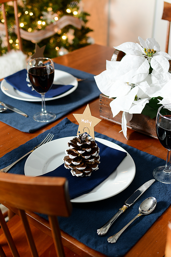 Pine Cone Christmas Tree Place Card Holder. How To Paint Pine Cones. Painted Snowy Pine Cones DIY Project. Christmas Table Setting in Navy, Brown and Burlap.