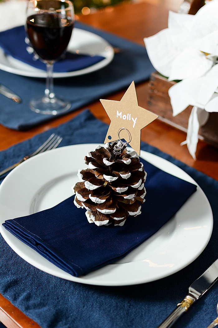 Pine Cone Christmas Tree Place Card Holder. How To Paint Pine Cones. Painted Snowy Pine Cones DIY Project. Christmas Table Setting in Navy, Brown and Burlap.