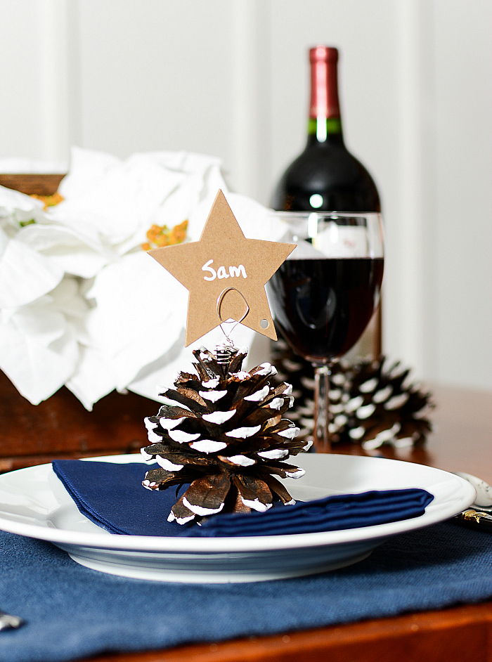 Pine Cone Christmas Tree Place Card Holder. How To Paint Pine Cones. Painted Snowy Pine Cones DIY Project. Christmas Table Setting in Navy, Brown and Burlap.