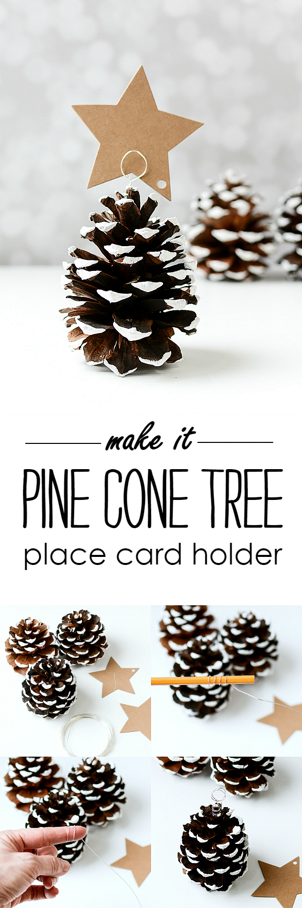 Pine Cone Christmas Tree Place Card Holder. How To Paint Pine Cones. Painted Snowy Pine Cones DIY Project. Christmas Table Setting in Navy, Brown and Burlap.
