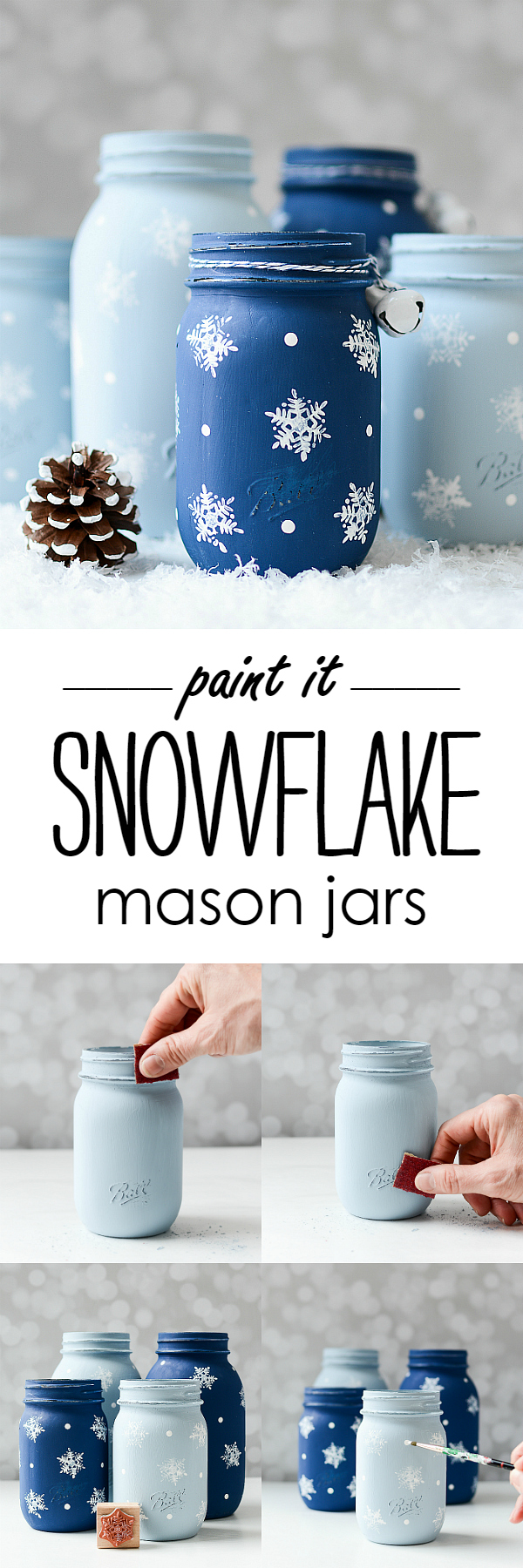 Snowflake Mason Jars - Stamped Snowflake Painted Mason Jars @It All Started With Paint blog