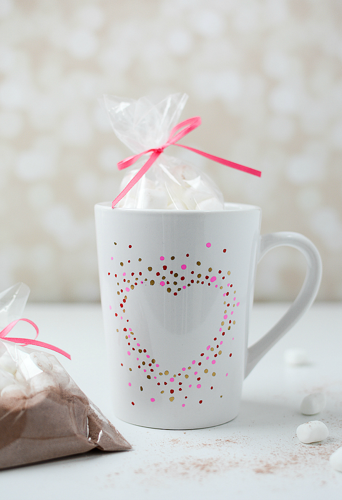 Valentine Gift Idea. Paint Pen Heart Mug and Hot Chocolate. Easy Paint Dot Heart Craft for Valentine's Day.