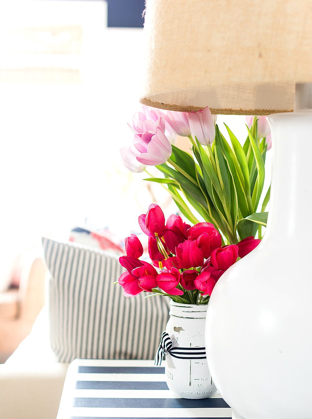 pink and navy living room