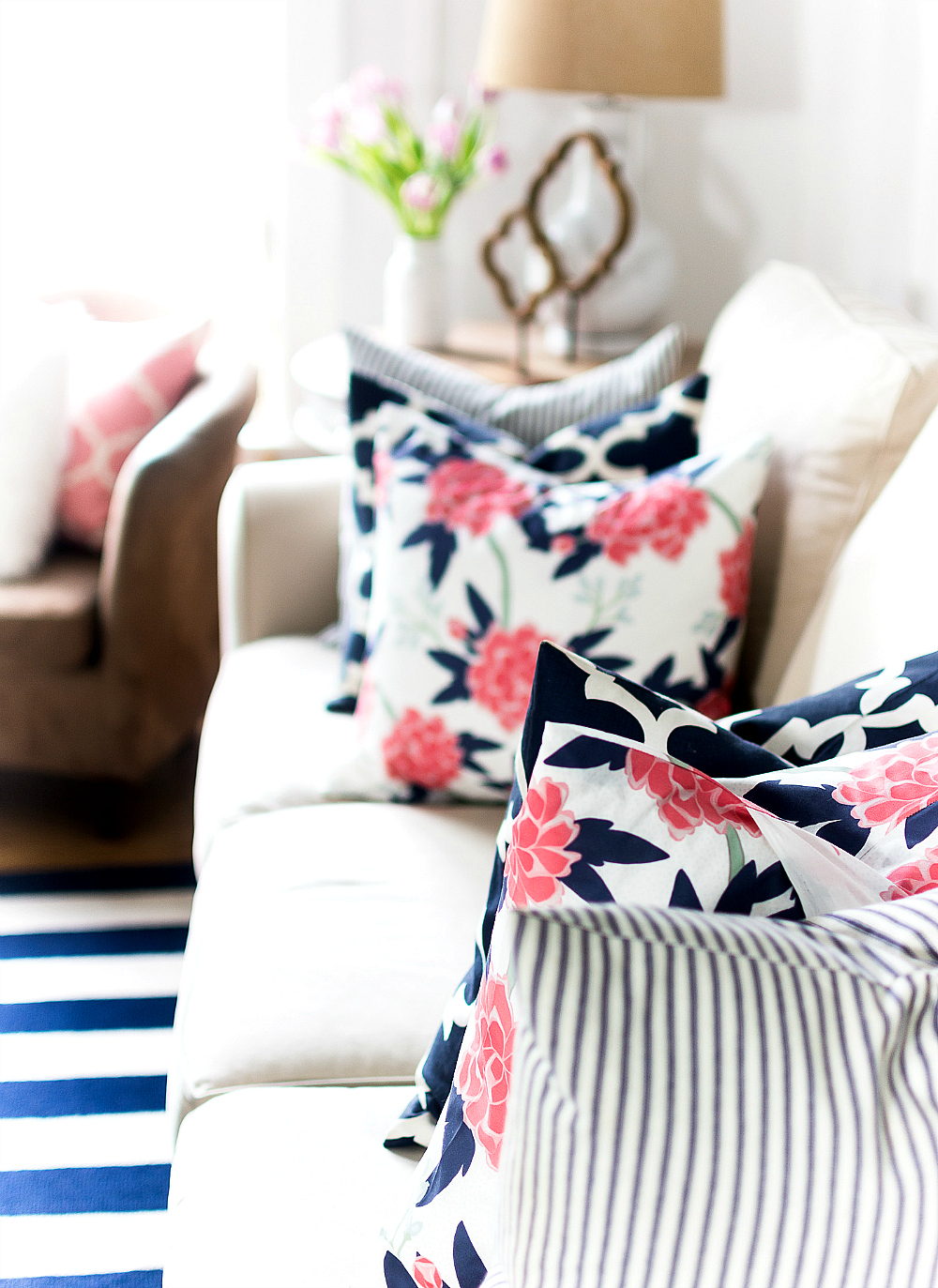 navy and pink floral pillows