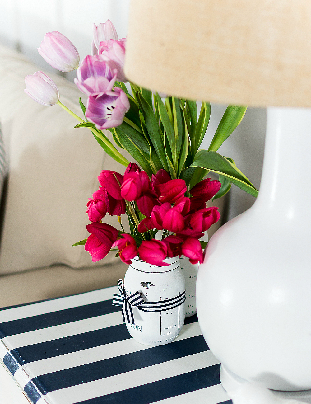 pink and navy living room