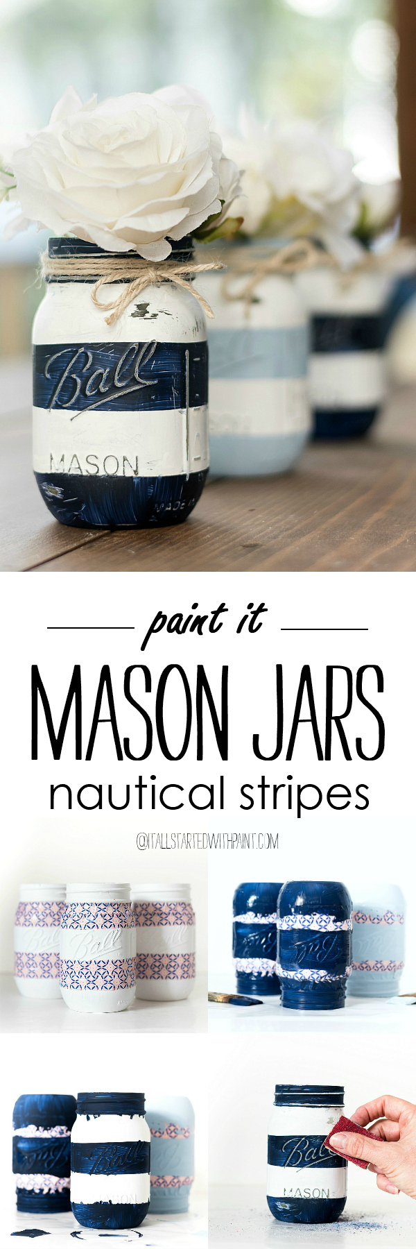 Nautical Mason Jars - Painted Distressed Mason Jars - Striped Mason Jars - Navy and White Mason Jars - Beachy Mason Jars - Coastal Stripe Mason Jars