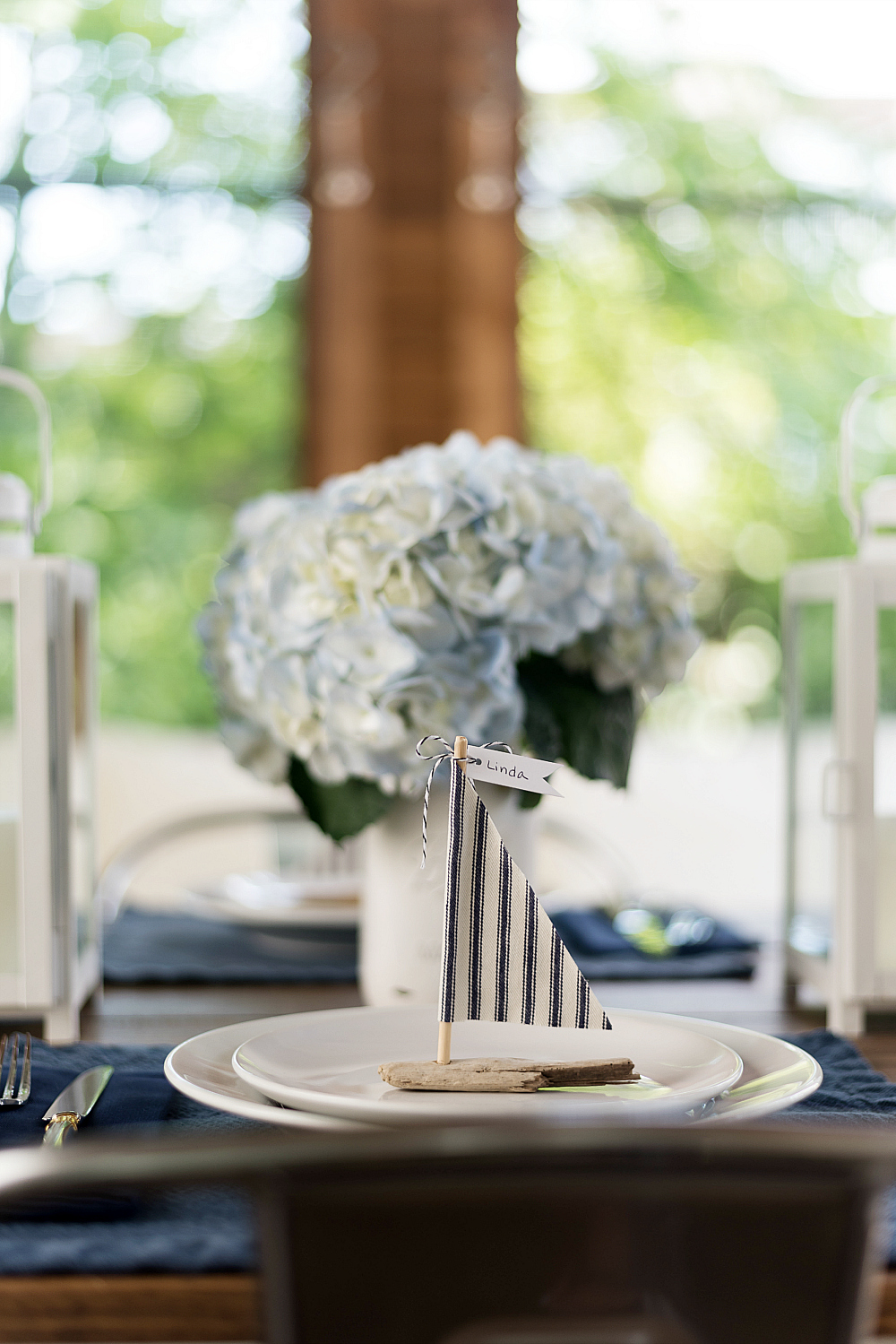 nautical table setting in navy white
