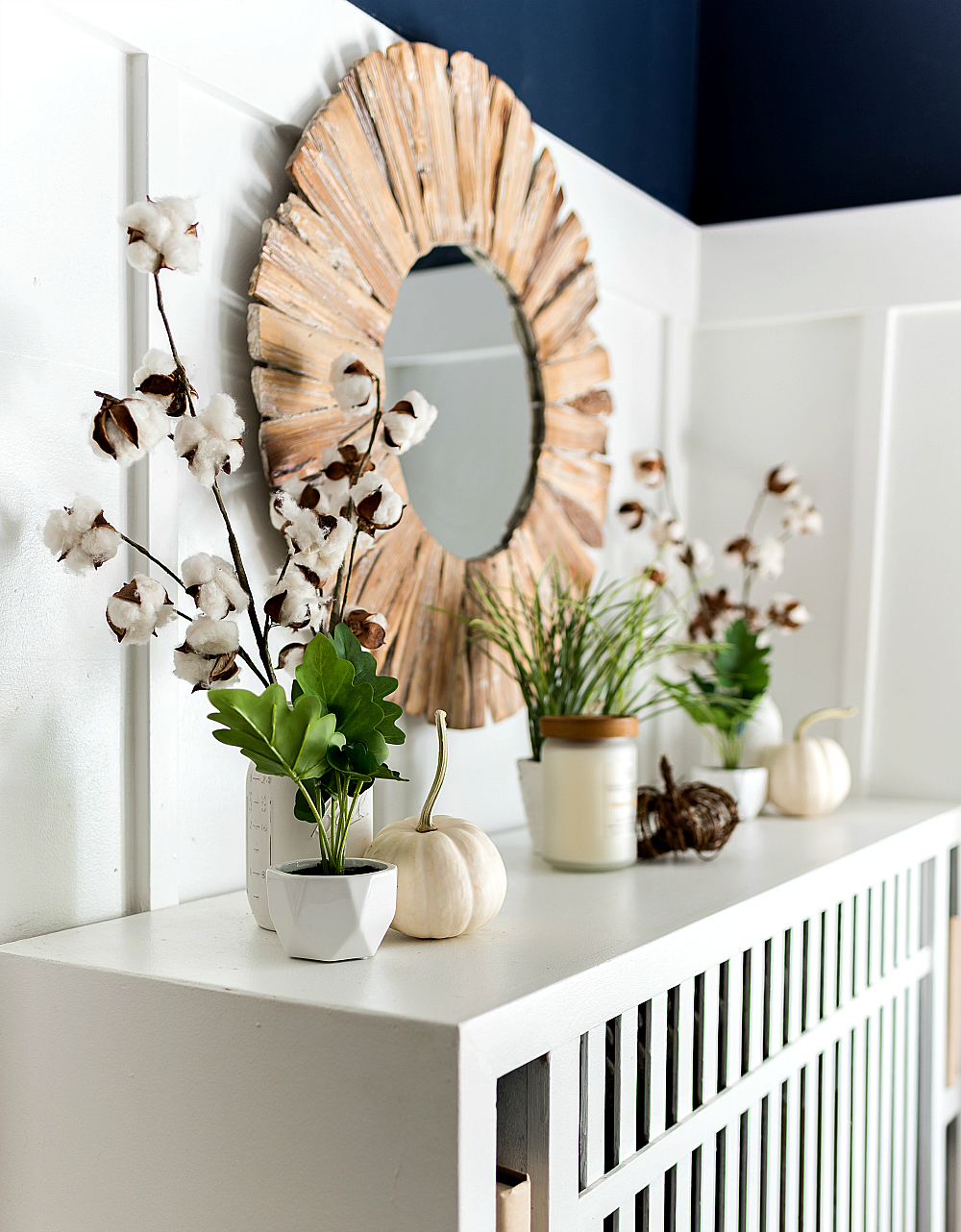 Cotton Stems and White Pumpkin Fall Mantel