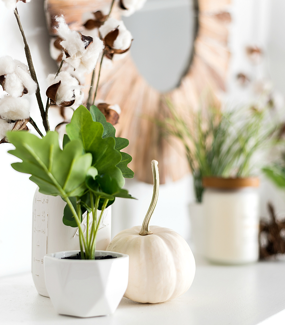 Fall Mantel Decorating with White Pumpkins, Cotton Stems