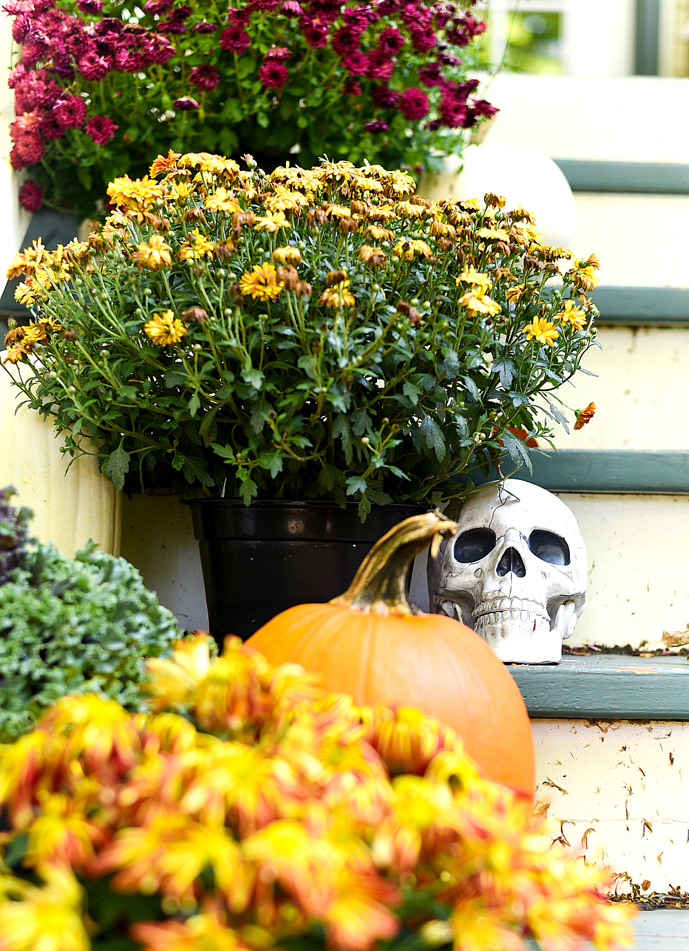 Fall Front Porch - Mums, Pumpkins, Skull