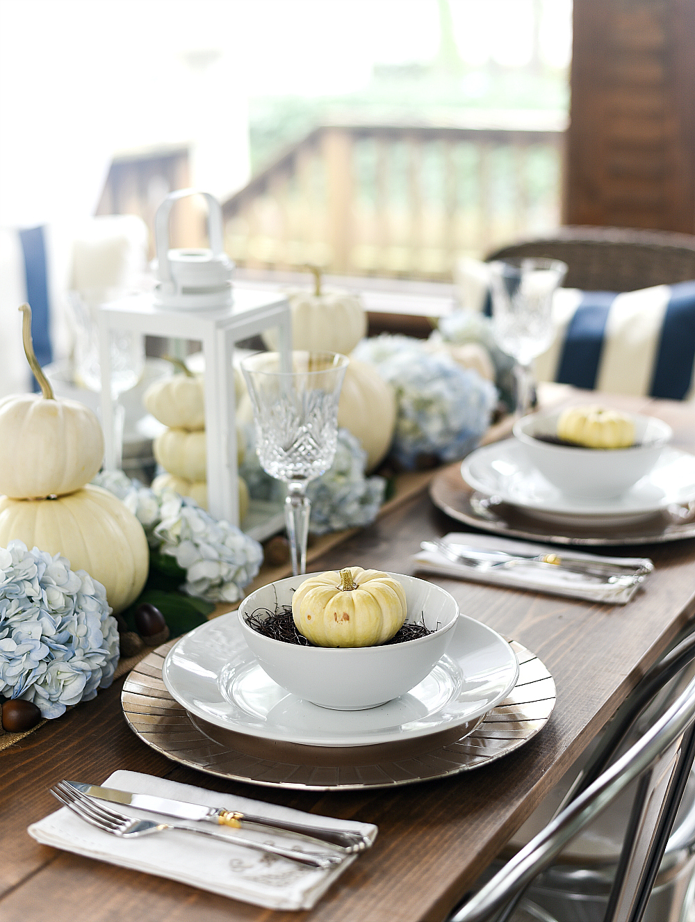 Fall Table Setting Ideas White Pumpkins, Hydrangeas