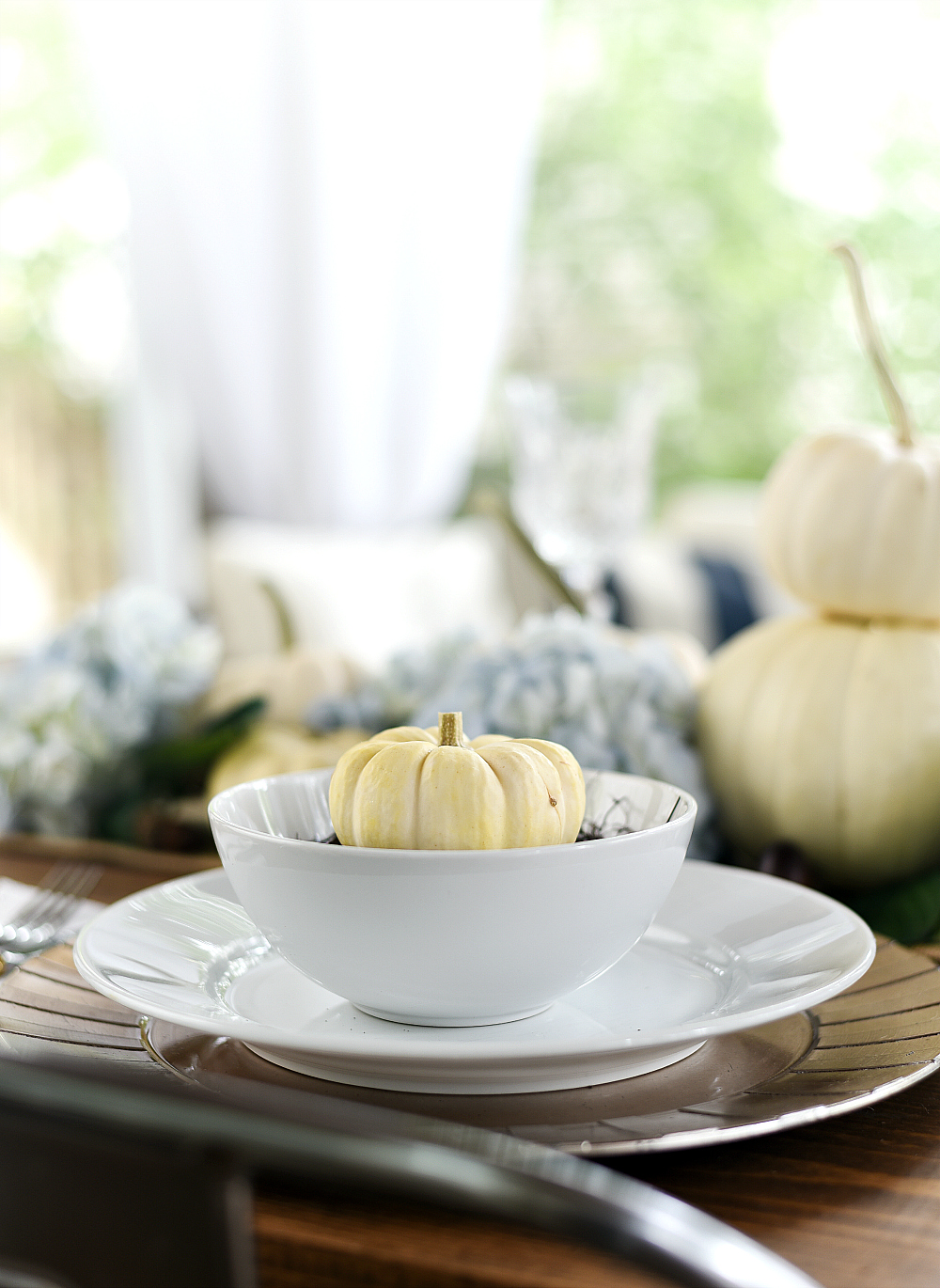 Table Setting for Thanksgiving. Dried Hydrangea Flowers in a Vase, a Small  Pumpkin on a Plate Stock Photo by LeylaCamomile