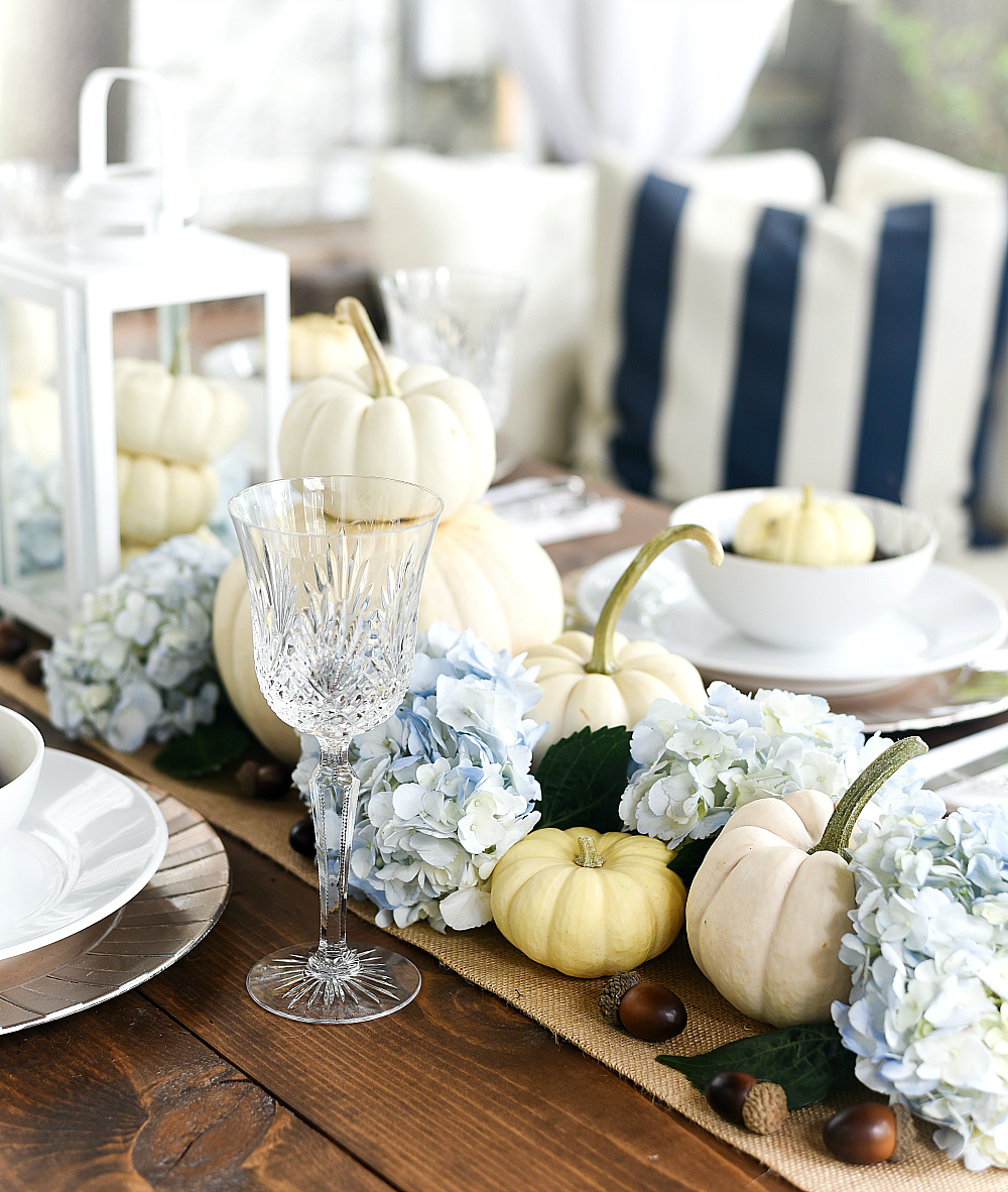 Fall Centerpiece White Pumpkins and Hydrangeas