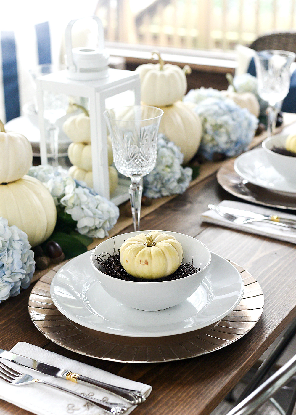 White Pumpkin Place Setting and Centerpiece for Fall