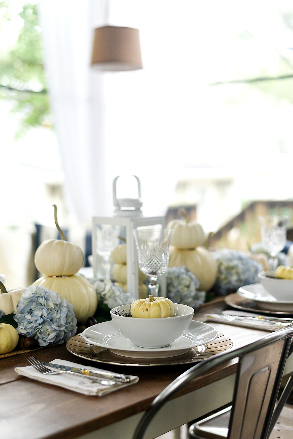 Table Setting for Fall - Ideas with White Pumpkins and Hydrangeas