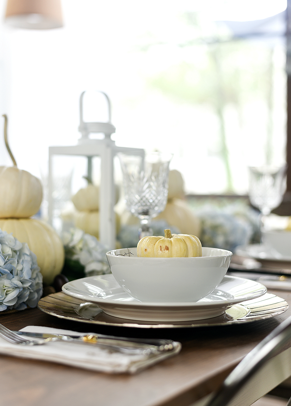 Fall Table with Pumpkins and Hydrangeas