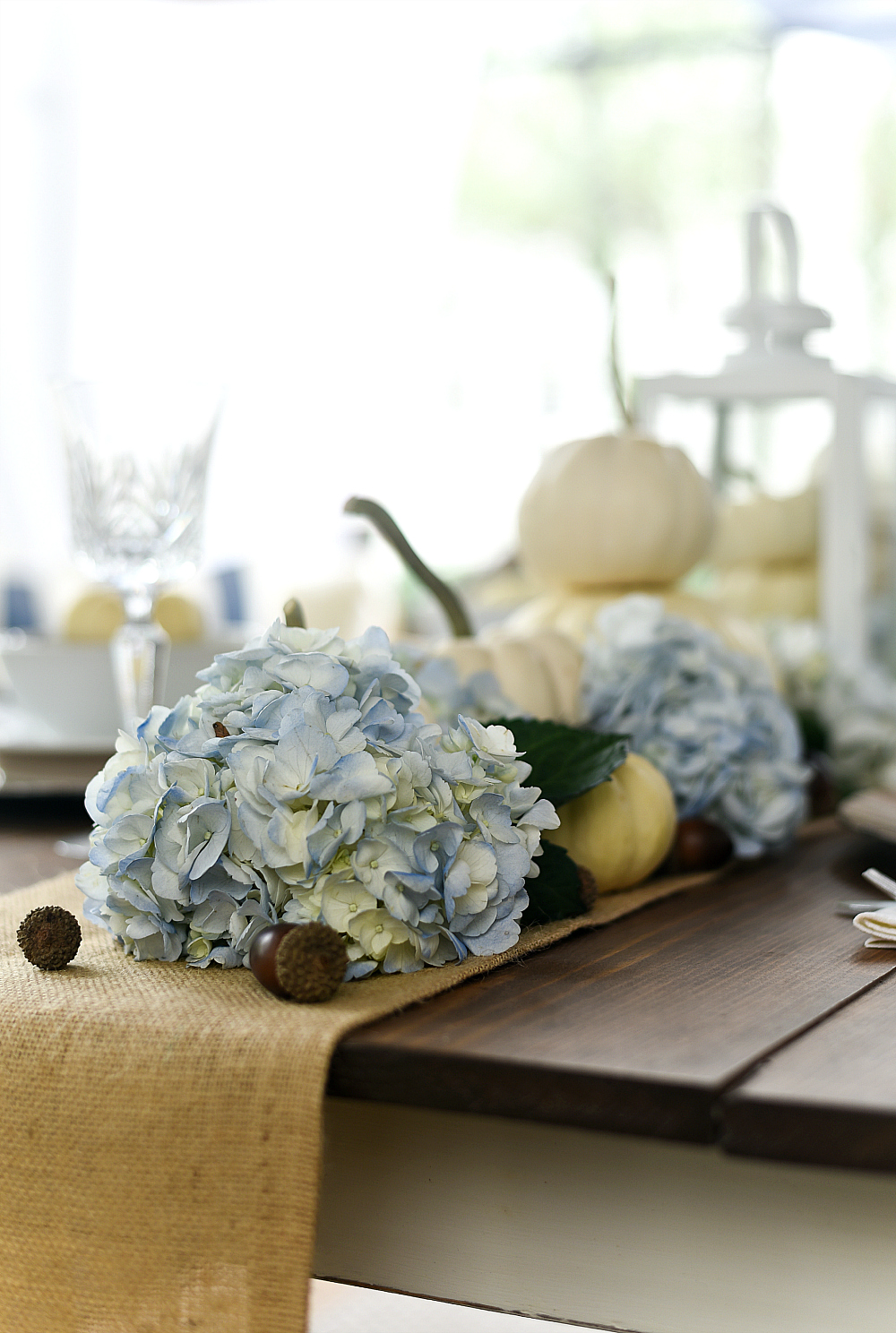 White Pumpkins and Hydrangeas Table Setting for Fall