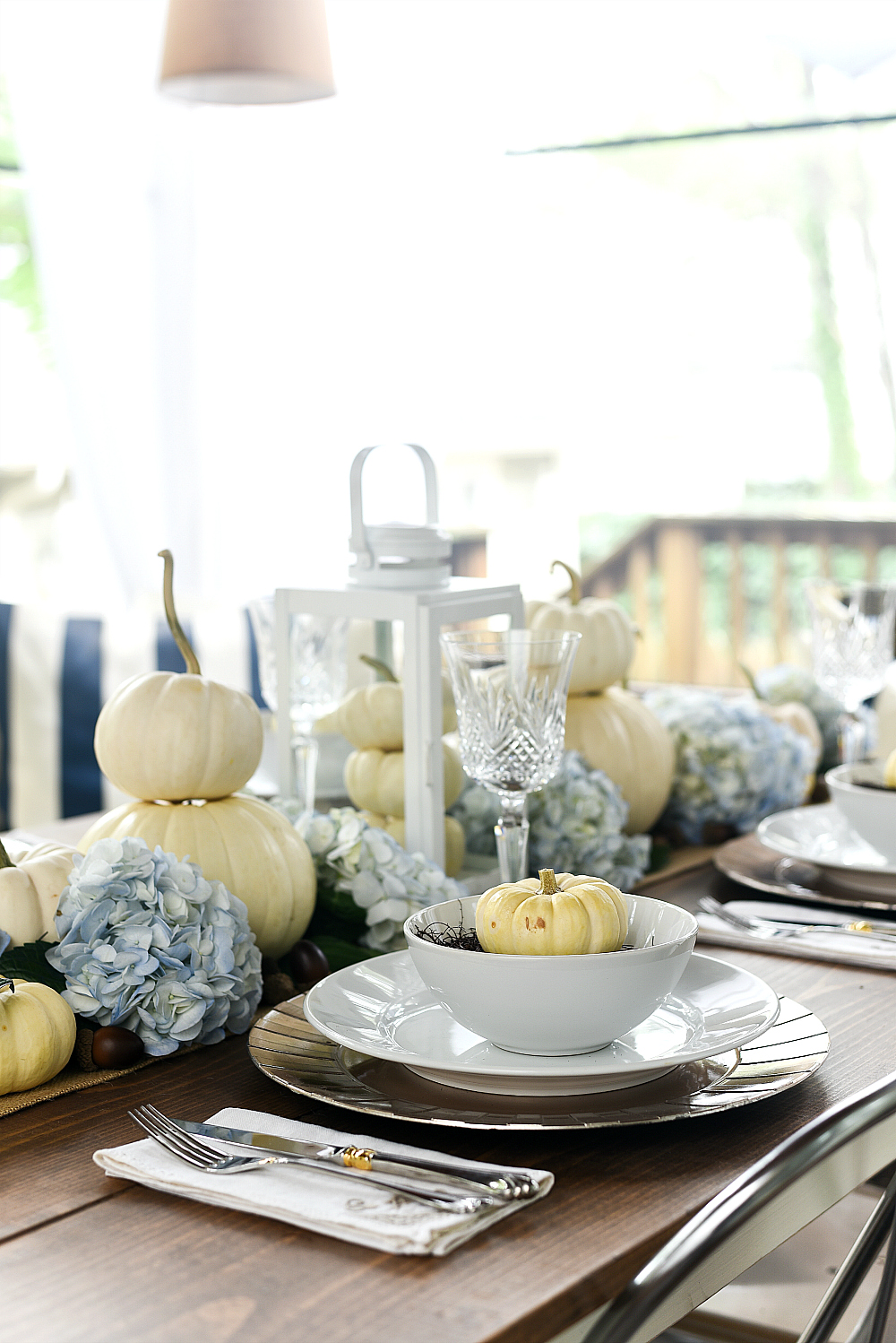 Thanksgiving Table with White Pumpkins and Hydrangeas